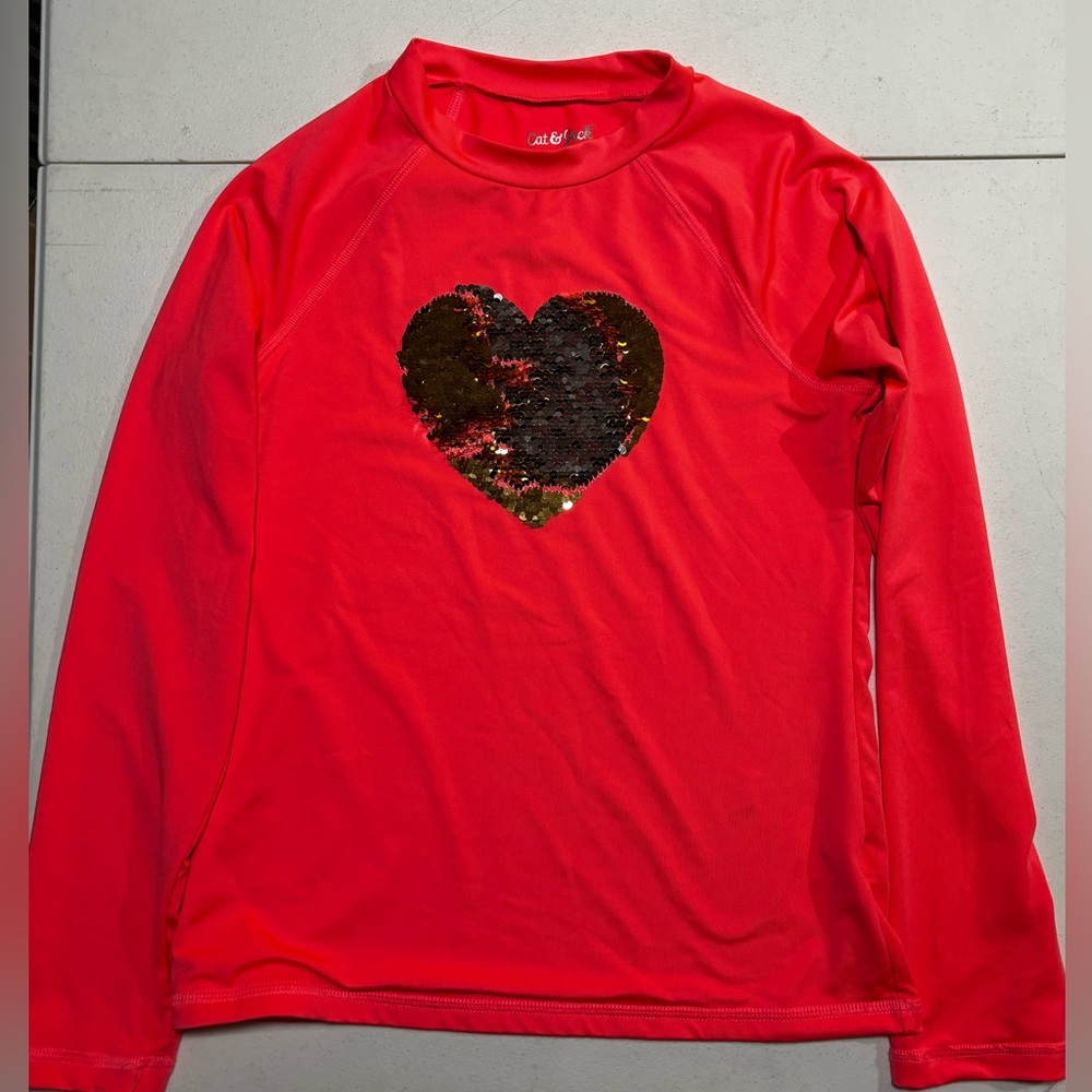 Cat & Jack Bright Pink rash guard with silver and gold sequence heart.